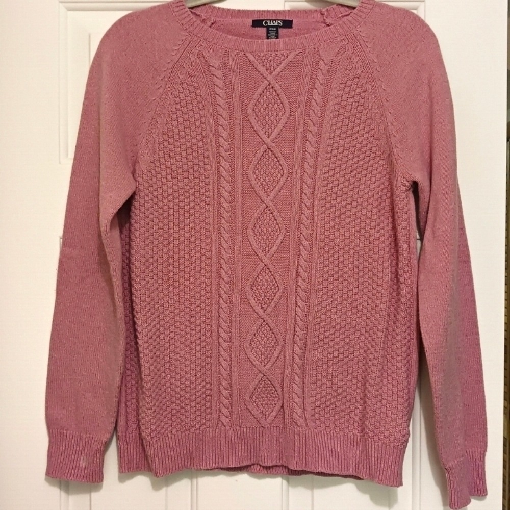 Chaps Womens Pink Cable Knit Sweater Crew Neck Raglan Long Sleeve Cotton Blend M
